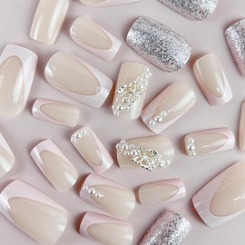 24pcs French Tip Press On Nails - Medium Square Fake Nails with Sparkly Butterfly Rhinestones, Silver Glitter Design, Full Cover Glue On Nails