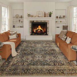 Ruicharm Area Rug 8x10 Washable: Machine Washable Rugs Carpet for Living Room Bedroom Aesthetic - Low Pile Non Slip Rug - Vintage Oriental Soft Rug for Dining Room Table - Dark Brown