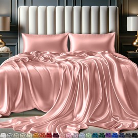 DECOLURE Satin Sheets Full Size Bed Set 4 Pcs - Silky & Luxuriously Soft Satin Bedding w/ 15 inch Deep Pocket - Hypoallergenic, Double Stitching, Wrinkle Free - Elegant Satin Bed Sheets (Blush Pink)