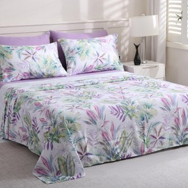 LONAVA Floral Queen Size Bed Sheet Set, 6 Piece, Deep Pocket Taro Purple Fitted Sheet, Comfy & Breathable Patterned Flat Sheets, 100% Brushed Microfiber, Tropical Botanical Verdure Printed