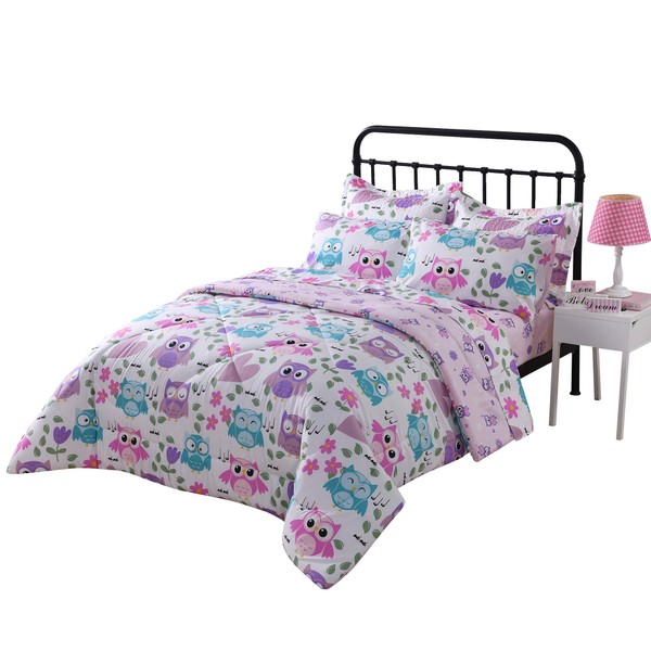 MarCielo Kids Comforter Set Girls Comforter Set Kids Bedding Set Include Sheet Set Bunk Beds for Kids Twin/Full, Owl (Full)