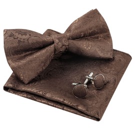 Alizeal Mens Gradient Paisley Bow Tie Pre Tied Pocket Square Cufflinks Set, brown