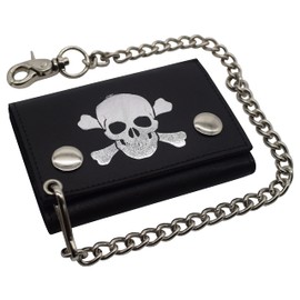 Mens Wallets Black Trifold RFID Protection Real Leather Skull Biker Chain For Men (Skull)