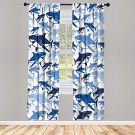 Ambesonne Shark Window Curtains, Colorful Underwater Fish Pattern Masters Survival Predators Dangerous Nature, Lightweight Decorative 2-Panel Set & Rod Pocket, Pair of - 28" x 84", Navy Blue