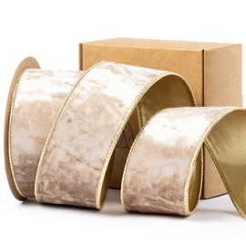 Keypan Camel Christmas Tree Ribbon Velvet Wired Ribbon 2.5 Inch with Gold Shiny Backing for Decoration Wreath Home Decor Gift Wrapping 10 Yards