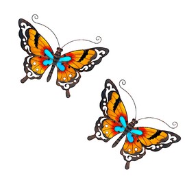 Large Butterfly Metal & Stained Glass Colorful Garden Art Decor Pediment Sculpture Fence Wall Yard for Indoor Outdoor 19" x 14" (S/2 Butterflies)