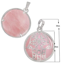 Nupuyai Hamsa Hand of Fatima Necklace Round Amulet Necklace Locket Buddha Hand Decoration Healing Stones Pendant with Chain Women Men, Stone Metal, Rose quartz crystal