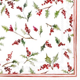 IHR Ideal Home Range Cocktail Napkins Disposable 3-Ply Paper Party Napkin Pack, 5" x 5", Christmas Ilex Berries, 20-Count