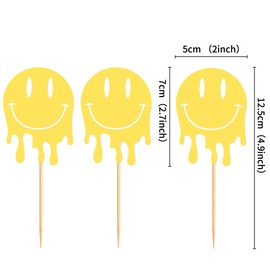 Blumomon 24Stück Lächeln Gesicht Cupcake Toppers Picks Preppy Y2k Thema Einzelparty Party Cupcake Dekorationen Geburtstagsfeier Dekorationen Zubehör (Gelb)