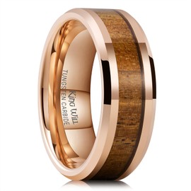 King Will Nature Koa Wood Inlay Tungsten Carbide Wedding Ring 8mm Rose Gold High Polished Comfort Fit 9.5