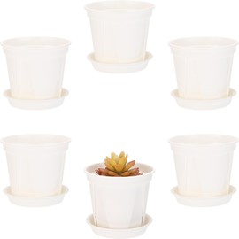 Hinwo 6-Pack Plastic Plant Pots with Drainage Holes and Saucers, 4.7 Inches Small Planters for Succulent, Orchid, General Plants, Flowerpots for Indoor, Outdoor Use, White