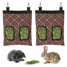 Rabbit Hay Feeder Bag, Large Capacity Rabbit Hay Bag Small Animal Hanging Hay Bag 600D Oxford Cloth Bunny Hay Feeder Bag for Rabbits Guinea Pigs Chinchillas (Brown-2 Holes-2Pcs)