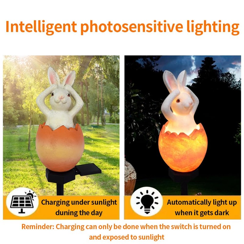 YZYOE Solar Powered Egg Rabbit Lamp, Garden Decorative Resin Cute