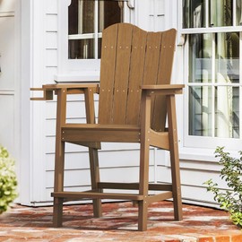 LUE BONA Tall Adirondack Chairs, HDPS Wave Design Poly Adirondack Bar Stools with Cup Holder, 25.6", All-Weather Outdoor Bar stools, Heavy Duty Balcony Chair for Deck,Backyard,Teak Color-Oil Printed