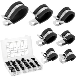 QWORK® 66Pcs Rubber P Clips Assortment Kit, 7 Sizes 304 Stainless Steel Pipe Clips, Pipe Clamp with Rubber Cushion, for Auto, Marine, Industrial