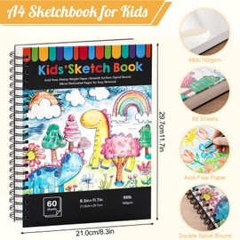 A4 Sketch Book for Kids, 60 Sheets Hardcover Drawing Pad for Kids, 160gsm Spiral Thick Paper Sketch Pad, Acid-Free Art Journal Drawing Book for Sketching, Gift, Artist