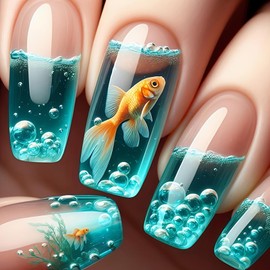 Blue Press on Nails Square Medium Fake Nails with Goldfish Designs Water Plant Bubbles French Tip Nails Summer Glossy Acrylic False Nails Full Cover Glue on Nails for Women 24Pcs