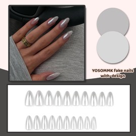 YOSOMMK Medium Fake Nails Almond Press on Nails with Chrome Designs Glossy False Nails Grey Stick on Acrylic Nails for Women and Girls