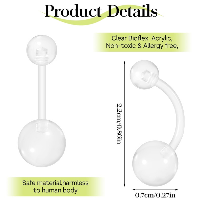 NIUSIMAN 14G Clear Belly Button Rings, Bioflex Plastic Bar Belly