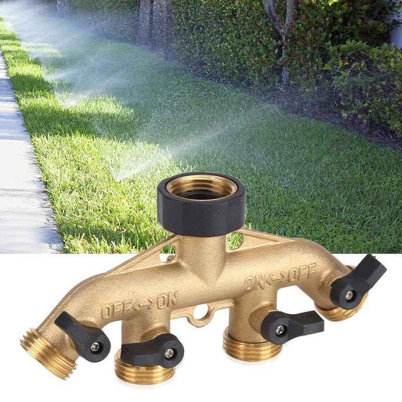 Garden Hose Splitter 4 Way Brass,3/4" Tap Splitter Shut Off