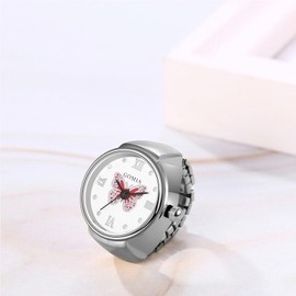 JewelryWe Ring Watch Finger Watch Elastic Butterfly – Women's Analogue Quartz Finger Ring Watch Ring Watch Ring with Butterfly Roman Numerals Dial and Silver/Gold Alloy Elastic Band, Silver-red