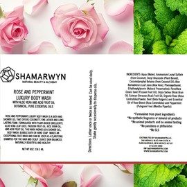 Body Wash, Rose and Peppermint, Natural Organic, Hydrating with Aloe Vera & Acaí Fruit Oil 8oz