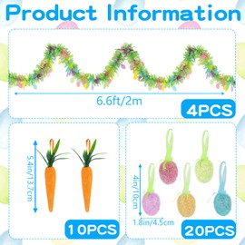 34PCS Easter Egg Ornaments with Carrot and Easter Tinsel Garlands,Glitter Foam Hanging Eggs Artificial Carrots 6.56ft Fringe Garland(4pcs)