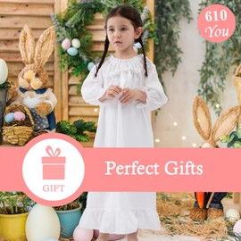 610 YOU Pajama Dress for Kids, Girls Long Sleeve Nightgowns, White Cotton Vintage Night Gowns for Girls, 6-7 Years