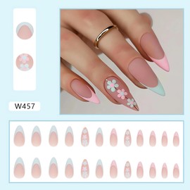 Almond French Tip Press on Nails Medium Flower Fake Nails with Designs Spring Colorful Floral False Nails Pink Gel Acrylic Nails Full Cover Glue on Nails Cute Daisy Stick on Nails for Women 24pcs