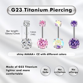 ESHIONER G23 Titanium Belly Button Piercing Gold Silver Belly Piercing Bar Length Belly Button Piercing Short Bar Long Bar Red Pink Blue Purple Colourful Belly Button Jewellery Women's 14G 10 mm 12