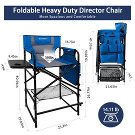 WKFAMOUT Tall Folding Directors Chair with Side Table 26.77" Seat Height Foldable Camping Chair Bar Stool for Makeup Artist Face Painting with Footrest and Storage Pocket Supports 350LBS