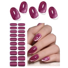Semi Cured Gel Nail Strips, Berry Cat Eye 20pcs Adhesive UV Sticker, Wraps for Home Manicure DIY