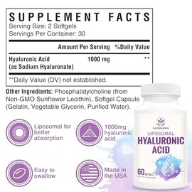 Sambugra Sambugra Liposomal Hyaluronic Acid 1000mg, High BioavailabilityHyaluronic Acid Capsules, Dietary Supplement Support Skin and Joint Lubrication, 180 Capsules (Pack of 3)