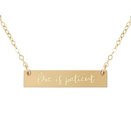 Zen & Zuri Love is Patient Gold Bar Christian Scripture Necklace, Bible Verse, Religious Pendant