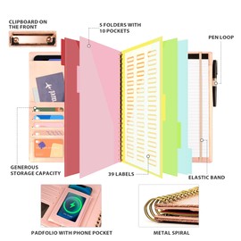 Clipboard with Storage for Men Women, Leather Padfolio Portfolio Organizer 5 Folders with 10 Pockets, Spiral Clipboard Folio with Notepad for Letter Size, Elastic Closure and Pen Loop Rose Gold
