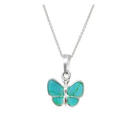 Treasure Bay Women’s 925 Sterling Silver Butterfly Shell Pendant Necklace on 45cm Chain – Abalone, MOP, Pink, Turquoise Minimalist Jewellery (Green Turquoise)