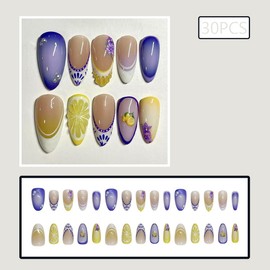30Pcs French Tip Press on Nails Cute Handmade Fake Nails Medium Almond Acrylic Glue on Nail 3D Lemon False Nails with Flower Designs Glossy Gradient Artificial Nail for Women Girls