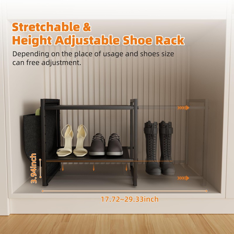 Shoe Rack with Side Pocket, Expandable 2-Tier Mesh Shoe Organizer