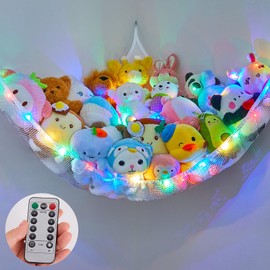 MHJY Toy Hammock Stuffed Animals Toy Storage Net with LED Light Large Corner Hanging Soft Cuddly Plush Mesh Organizer with Remote Control 8 Kinds of Llight Mode for Kids Nursery Bedroom
