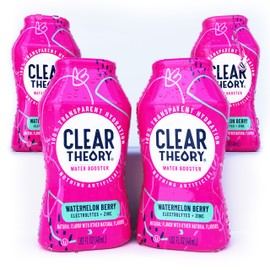 Clear Theory Water Flavoring Drops with Electrolytes, Water Enhancer Liquid Flavored Water Drink Mix, Hydration for Kids, Vegan, Gluten Free, Low Calorie, Watermelon Berry, 4 Pack, 1.62 Fl Oz Bottles