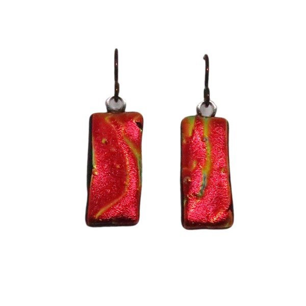 Lightweight Bright Red Flame Textured Fused Dichroic Glass Niobium Earrings