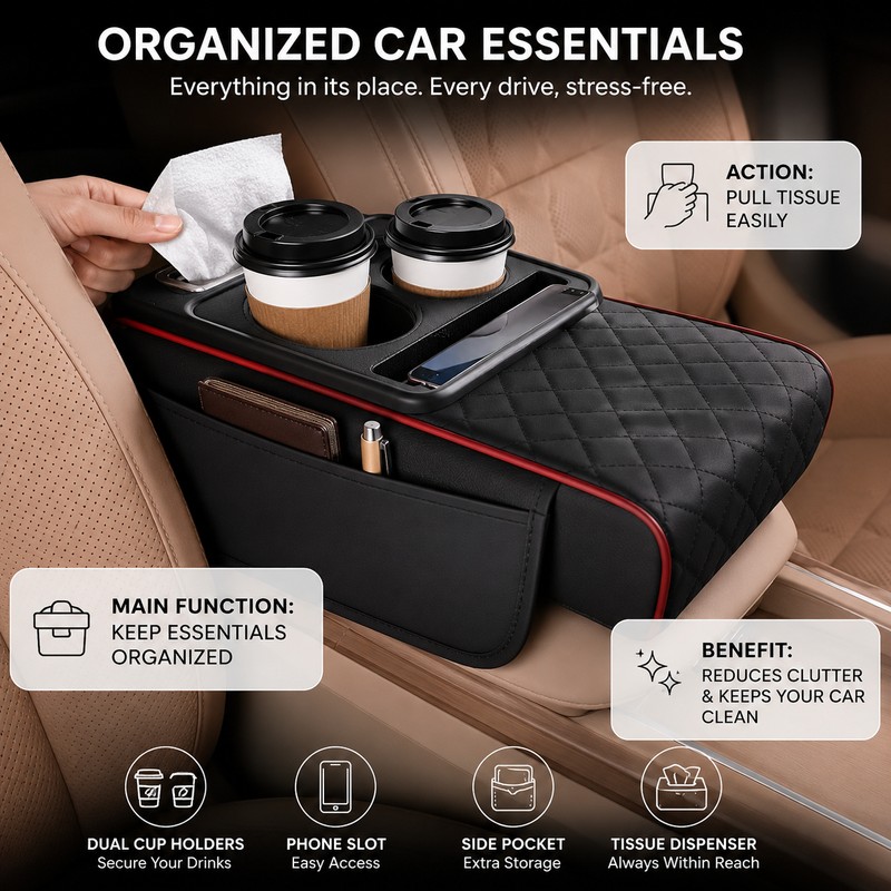 Car Center Console Armrest Cushion with Storage – PU Leather