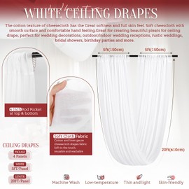 Showgeous 4 Panels White Ceiling Drapes for Wedding Ceiling Drapes 5ftx20ft Ceiling Draping Fabric Gauze Curtains Cheesecloth Drapery Draping Wedding Ceiling Decorations for Party Ceremony Stage Swag
