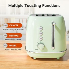 2 Slice Stainless Steel Toaster Retro with 6 Bread Shade Settings, Bagel, Cancel, Defrost Function, Extra Wide Slot, Removable Crumb Tray Green