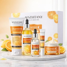 Set de cuidado de la piel con vitamina C, kit de cuidado de la piel con ácido hialurónico, crema facial, suero facial, crema para ojos, tóner para hidratar la piel, piel antienvejecimiento, juego de regalo de 5 piezas para mujeres