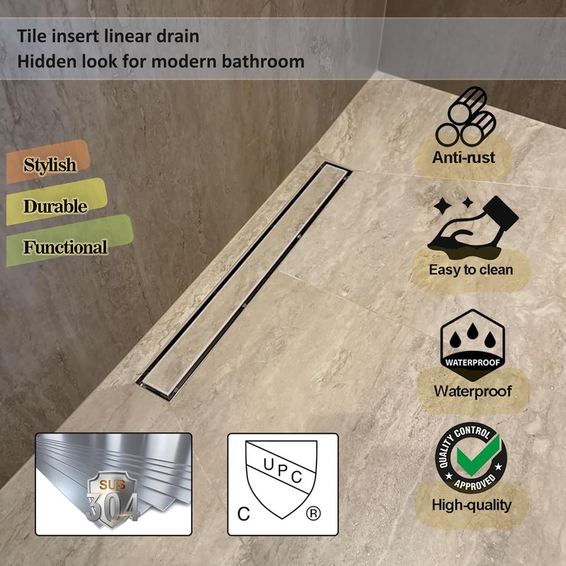 Neodrain 18-Inch Linear Shower Drain, Brushed 304 Stainless Steel, Silver,