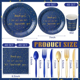 FillTouch 48 Set We Appreciate You Disposable Plate Napkin Fork Housekeeping Employee Appreciation Party Supplies Thank You Sign Staff Team Appreciation Plate for Nurse Pastor Doctor(Blue and Gold)