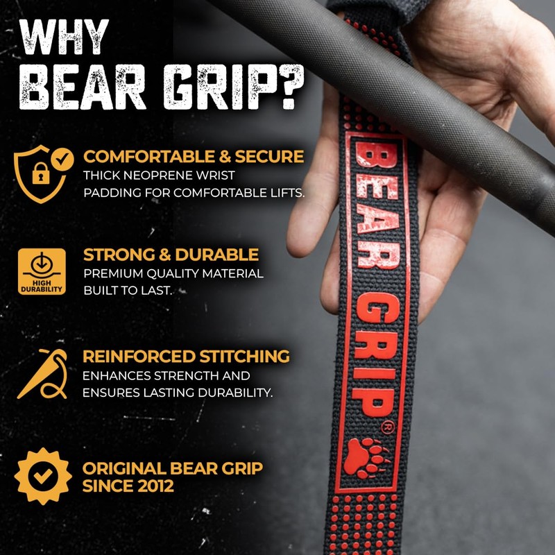 BEAR GRIP Straps - Premium Neoprene Padded, Double Stitched Heavy