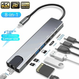 For Apple, Universal, for Macbook Pro 8in1 USB Type C Hub USB3.0 4K HDMI RJ45 SD/TF Dongle Adapter for Macbook Pro Air