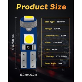 Qoope T5 LED Bulb White 74 73 37 2721 PC74 PC37 LED Bulbs Replacement 3030 3SMD 12 Volt for Car Dashboard Instrument Panel Gauge Cluster Indicator Dome Map Lights, Pack of 12